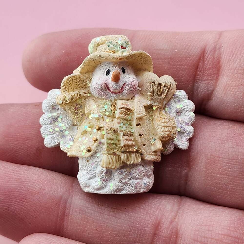 Snowman Angel JOY Brooch Cream Gold Glitter Wings Christmas Winter Holiday Pin